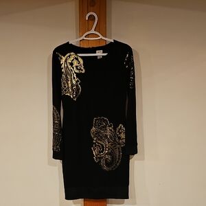 Caché Black Dress with Gold Patterns